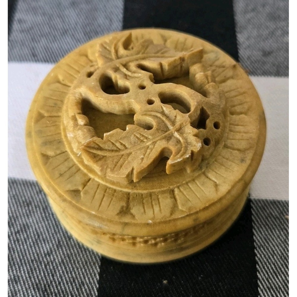 Vintage Artisan Carved Sand Color Soapstone Small Round Trinket Box with Lid